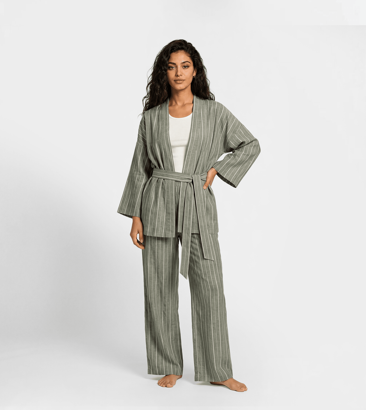 Women Kimono Style Lounge Set - Red Cotton