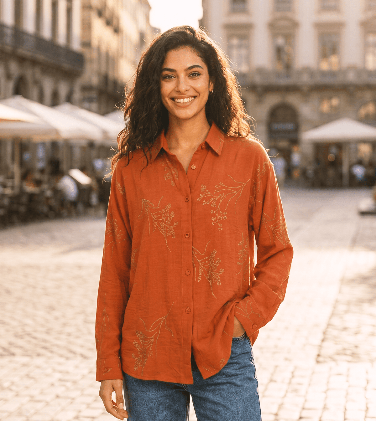 Women Long-Sleeve Embroidered Shirt in Burnt Orange - Red Cotton