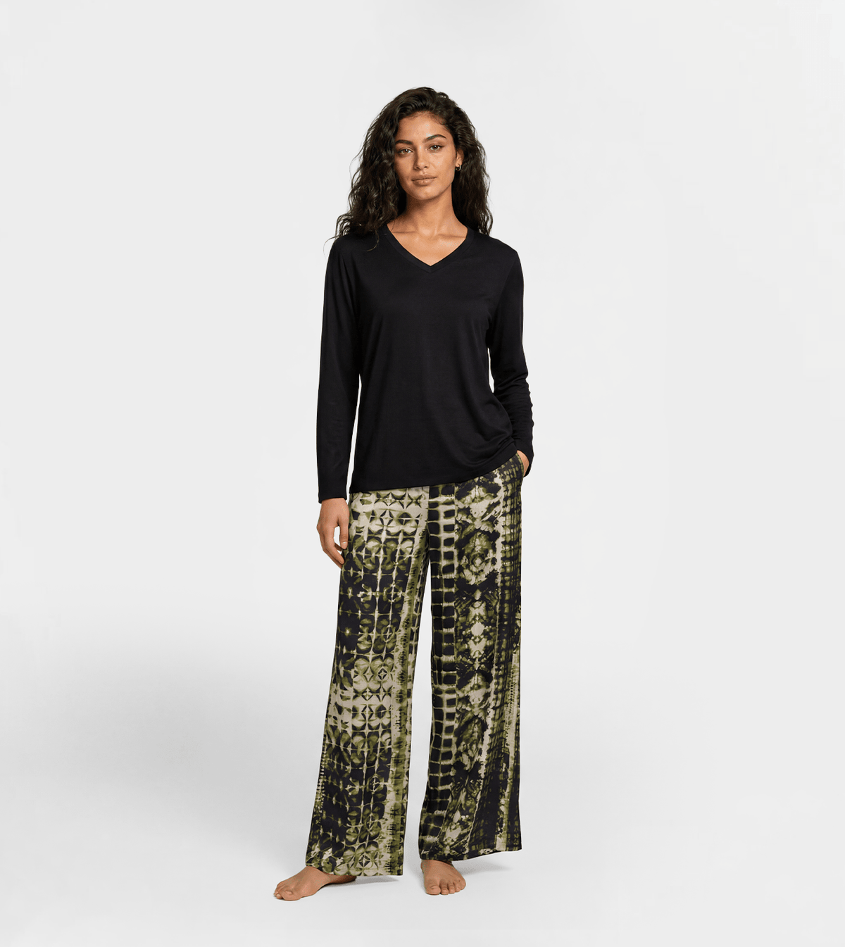 Women Long Sleeve Top & Printed Wide Leg Pants Set - Red Cotton
