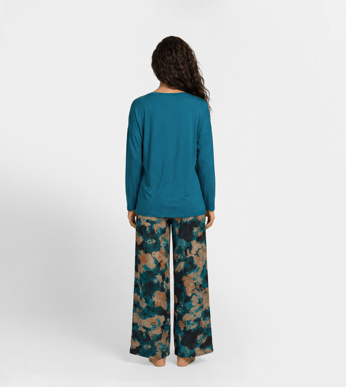 Women Long Sleeve Top & Wide Leg Pants Set - Red Cotton