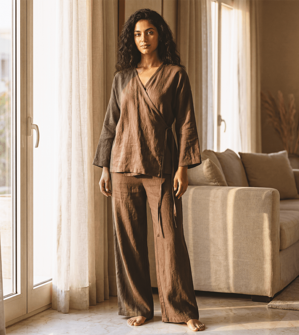 Women Lounge Set Wide-Legs Linen in Rich Brown - Red Cotton