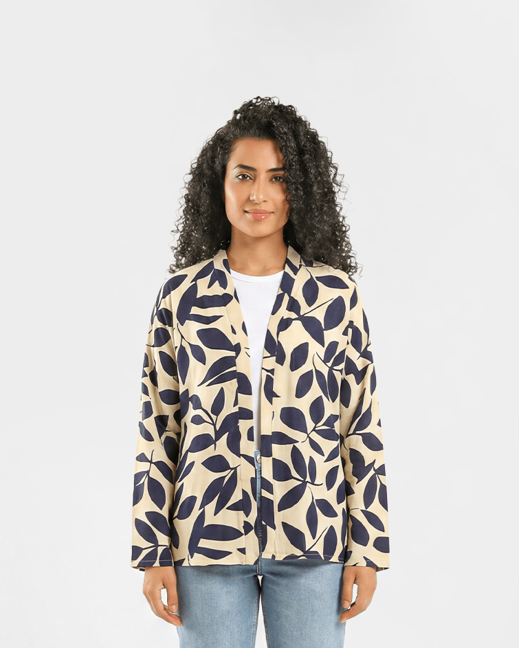 Women Printed Open-Front Kimono Jacket - Red Cotton