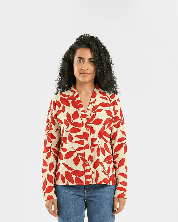 Women Printed Open-Front Kimono Jacket - Red Cotton