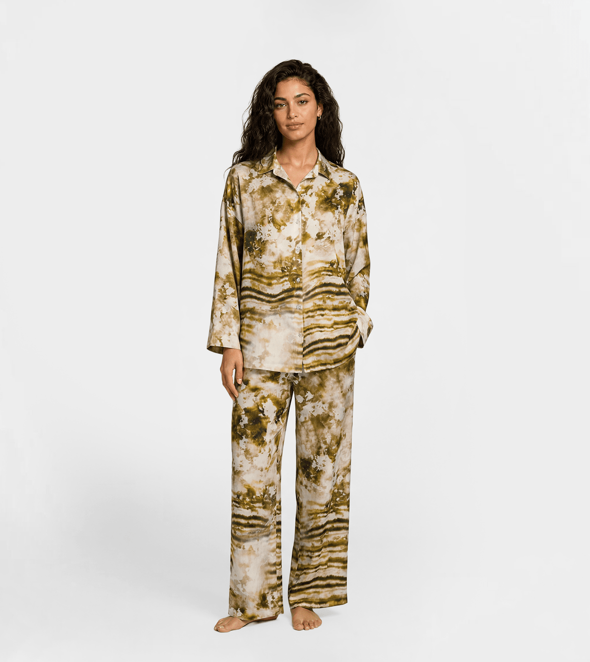 Women Shirt & Wide Leg Pants Set-Beige - Red Cotton