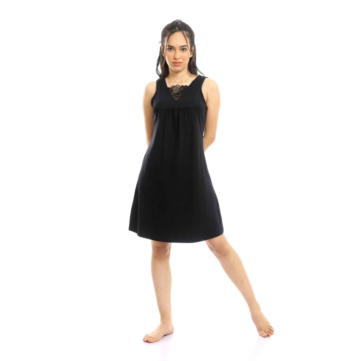 Women’s Black Sleeveless Short Nightgown with Lace Detail - Red Cotton