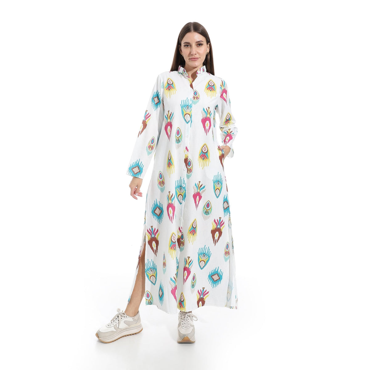 Women’s Bohemian Printed Maxi Shirt Dress - Red Cotton