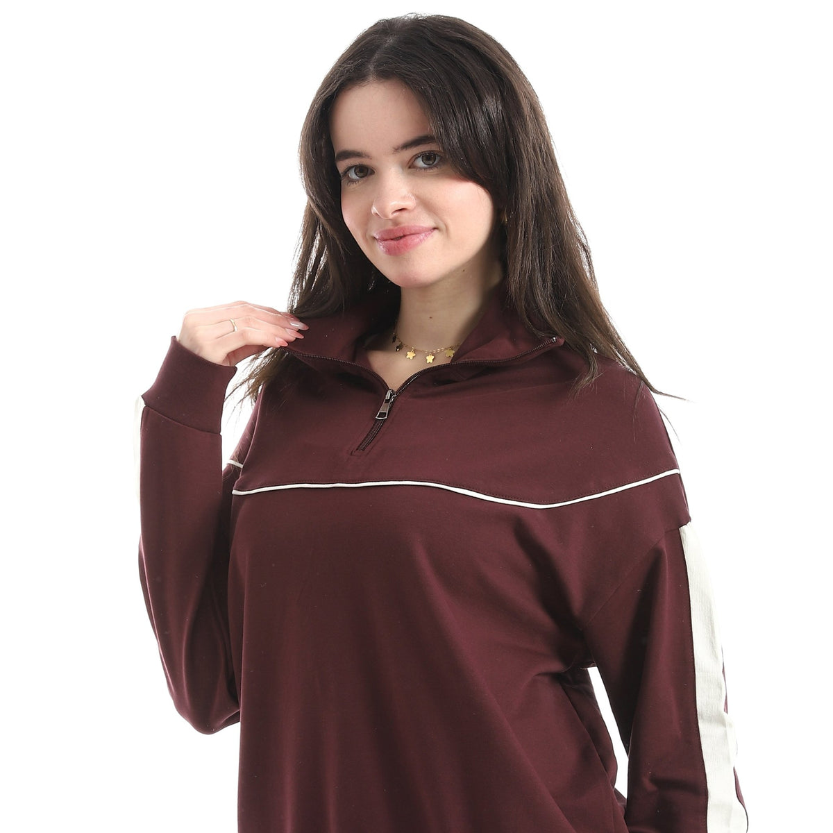 Women's Burgundy Cotton Half-Zip Pyjama Set - Red Cotton