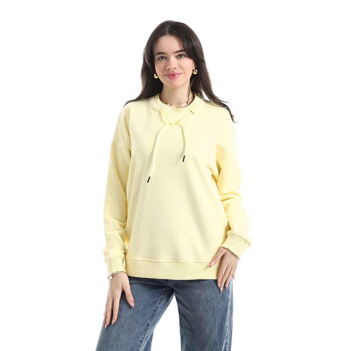 Women’s Casual Sweatshirt with Embroidered Sleeve - Red Cotton