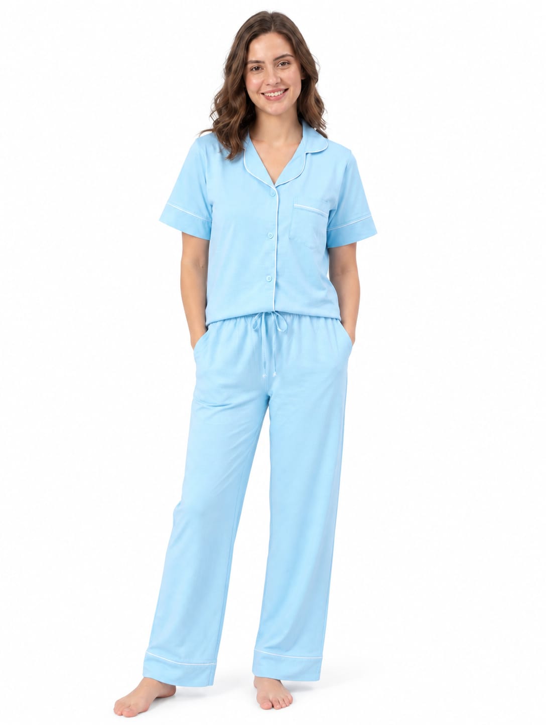 Women’s Classic Baby Blue Pajama Set - Red Cotton
