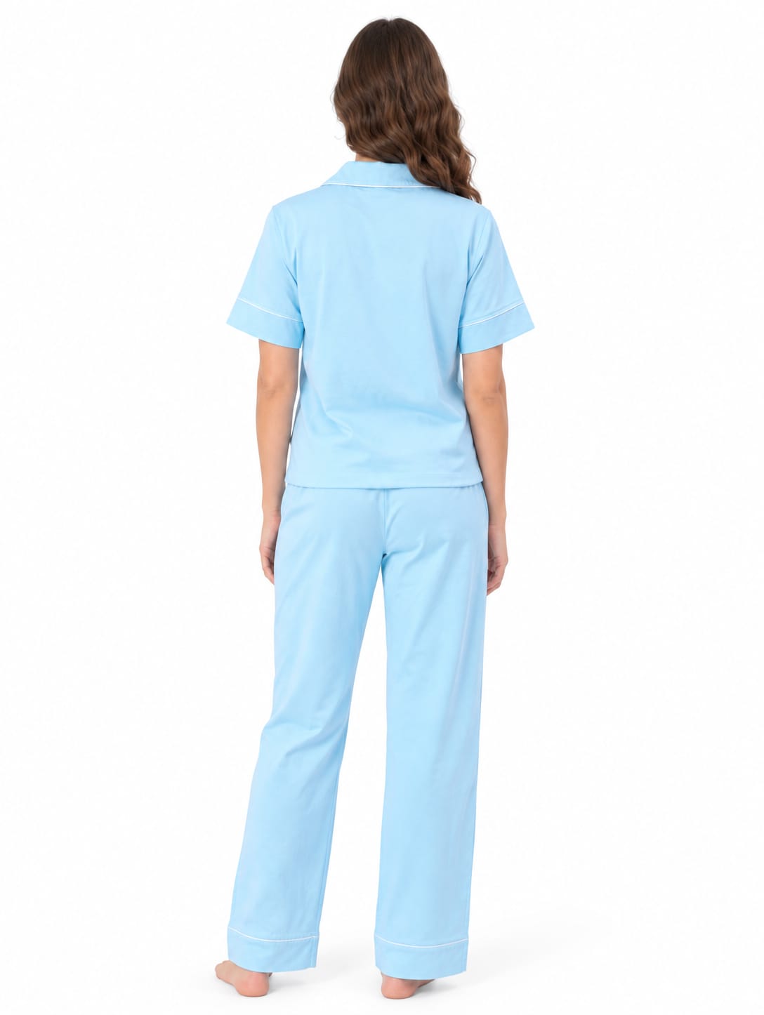 Women’s Classic Baby Blue Pajama Set - Red Cotton