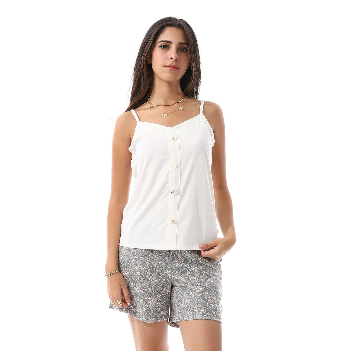 Women's Floral Print Pajama Set - Gray - Red Cotton