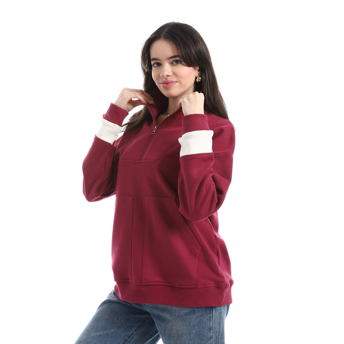 Women’s Half-Zip Sweatshirt with Pocket - Red Cotton