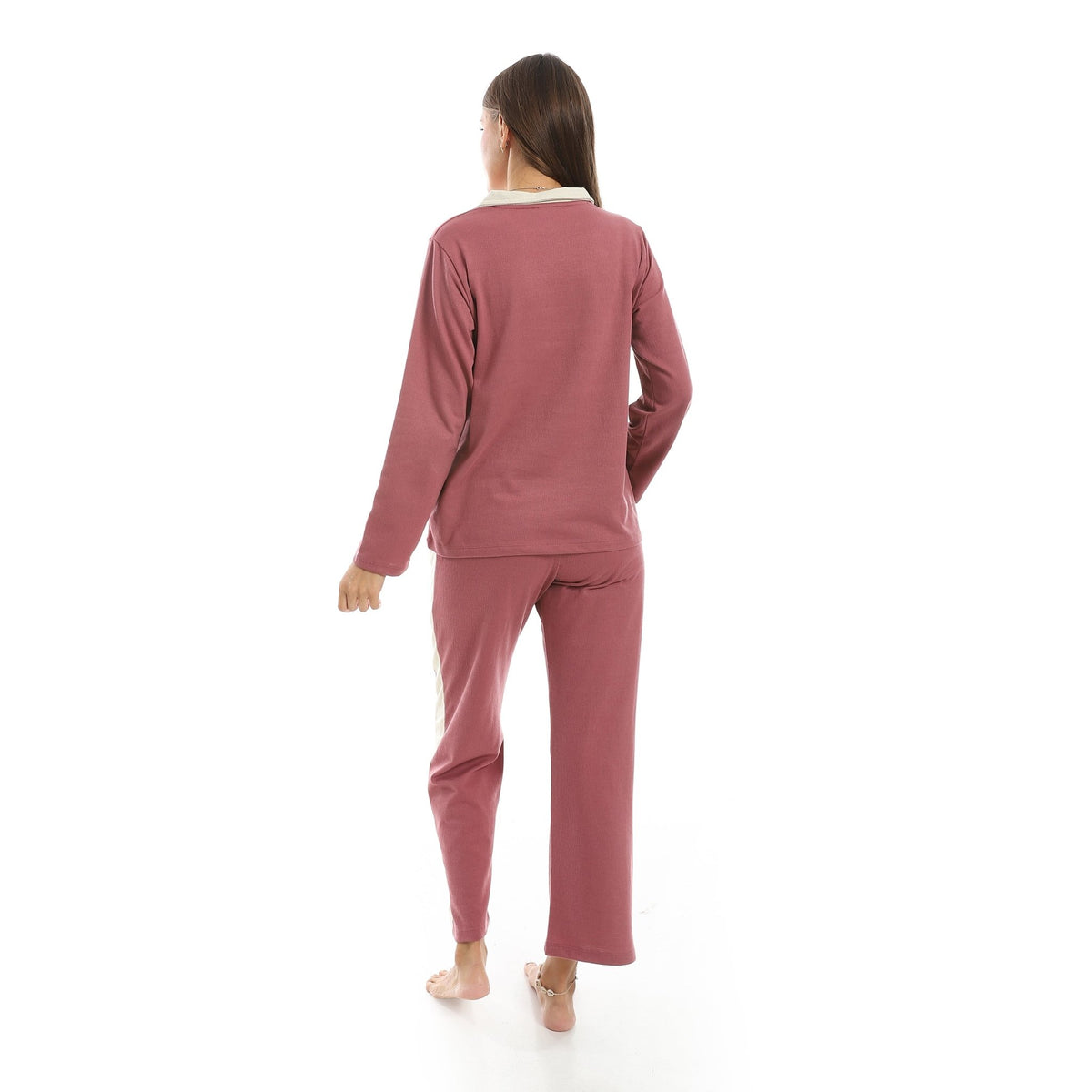 Women’s Jacquard Pajama Set – Long Sleeve Top & Pants with Beige Side Stripe - Red Cotton