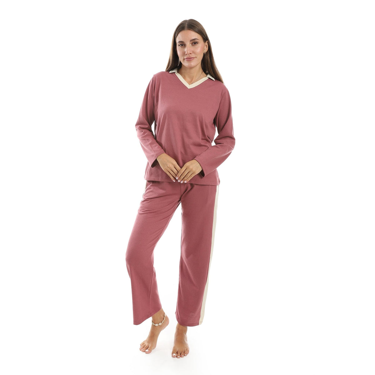 Women’s Jacquard Pajama Set – Long Sleeve Top & Pants with Beige Side Stripe - Red Cotton