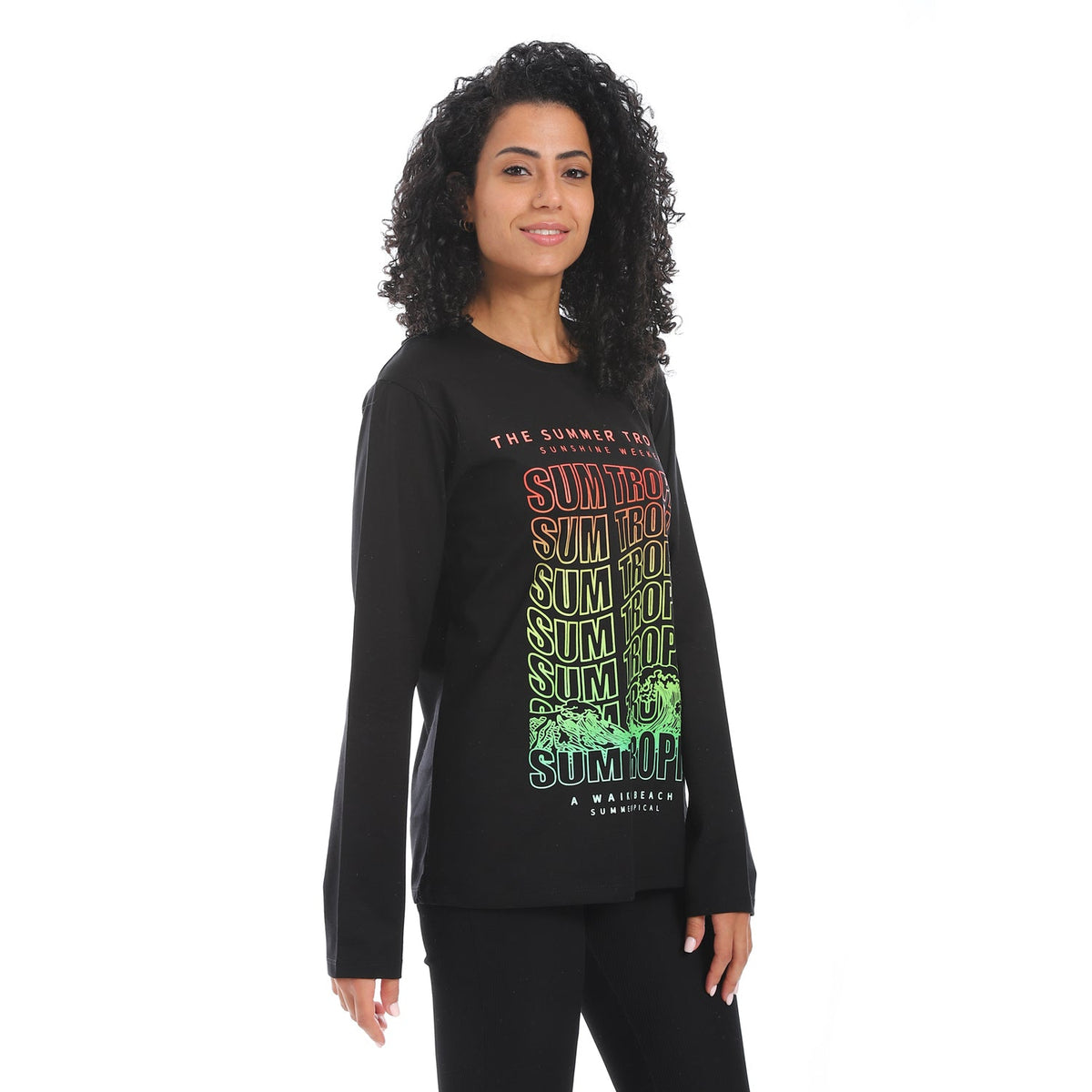 Women's Long Sleeve T-Shirt with Summer Tropic Print - Black - Red Cotton