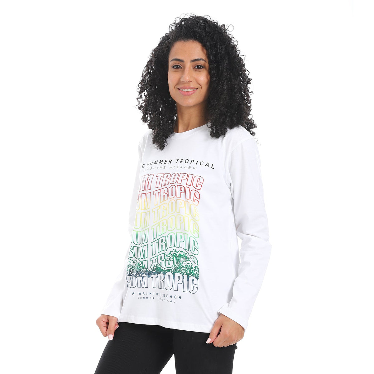 Women's Long Sleeve T-Shirt with Summer Tropic Print - White - Red Cotton