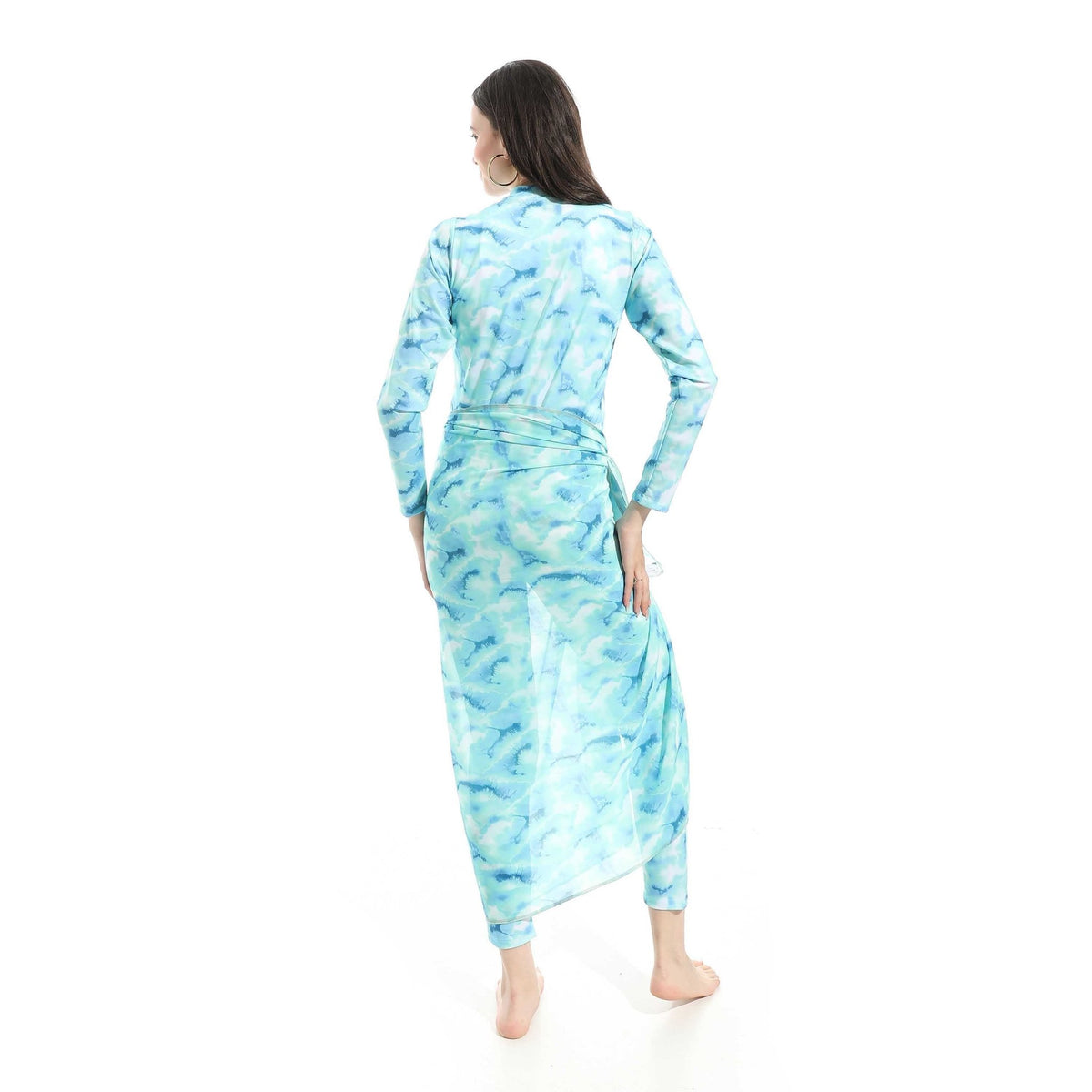 Women's Modest Swimwear Set - Long Sleeve Zip-Up Top with Sarong and Leggings (Blue Marble ) - Red Cotton