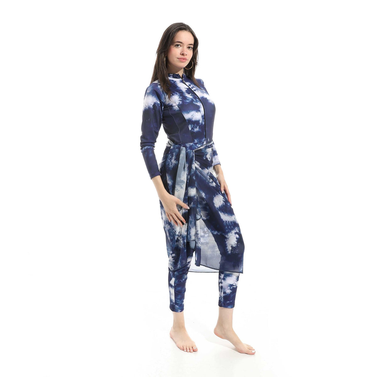 Women's Modest Swimwear Set - Navy Marble - Red Cotton