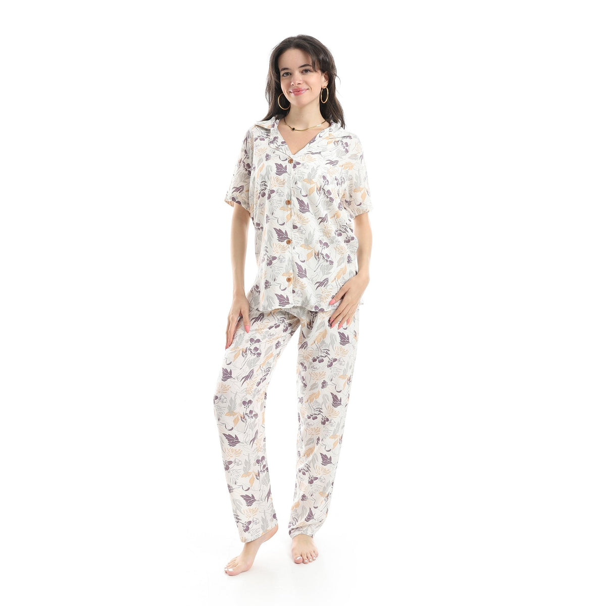 Women's Pajama Set With Short Sleeves and Pants With Colorful Flowers - Red Cotton