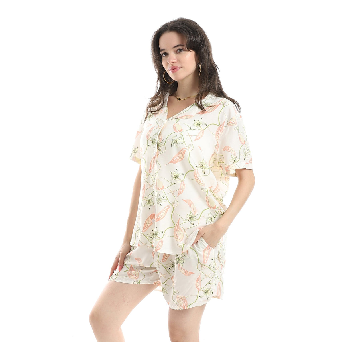 Women's Pajama Set With Short Sleeves and Shorts With Colorful Flowers - Red Cotton