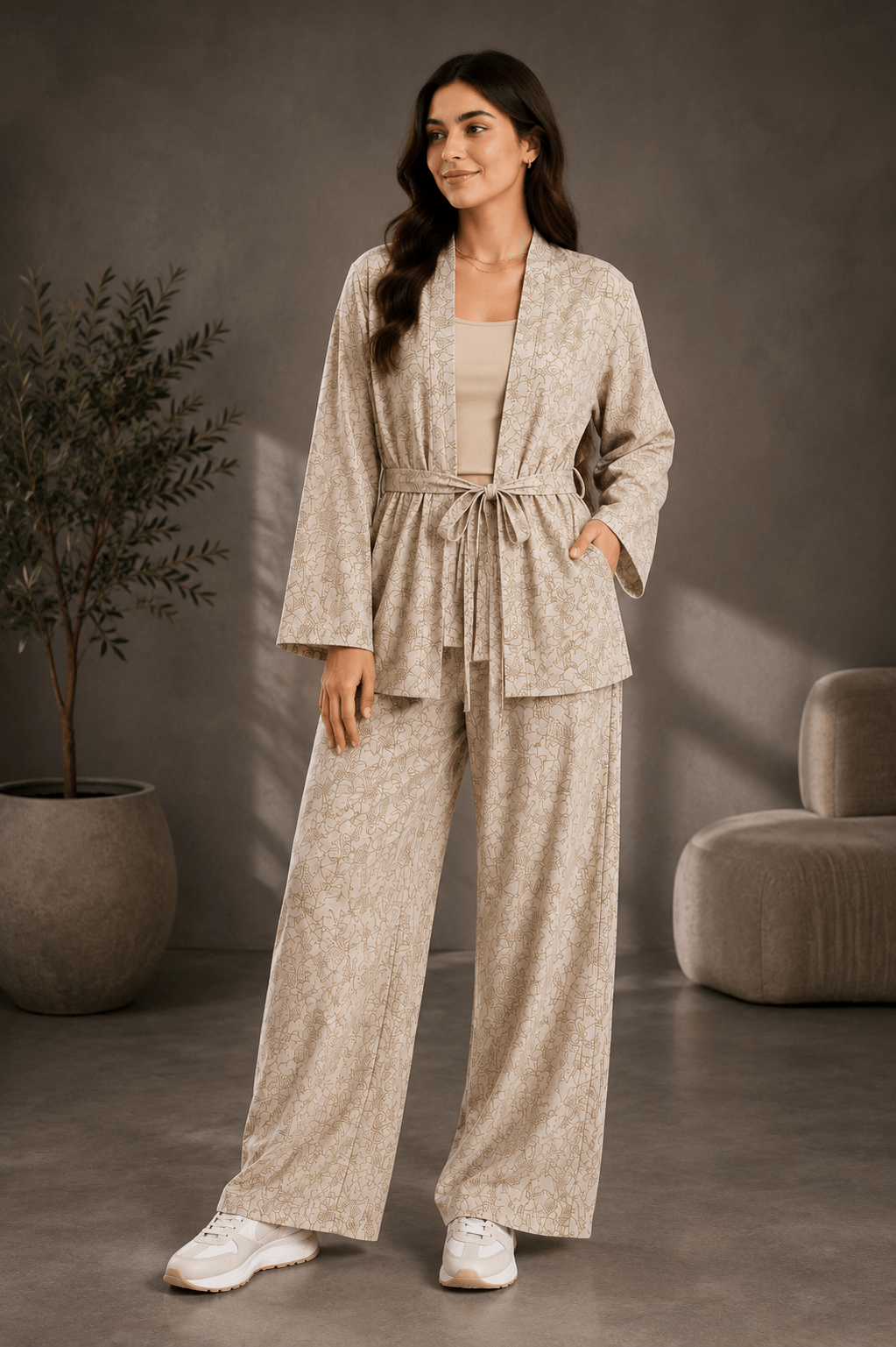 Women's Patterned Wide Leg Suit - Red Cotton