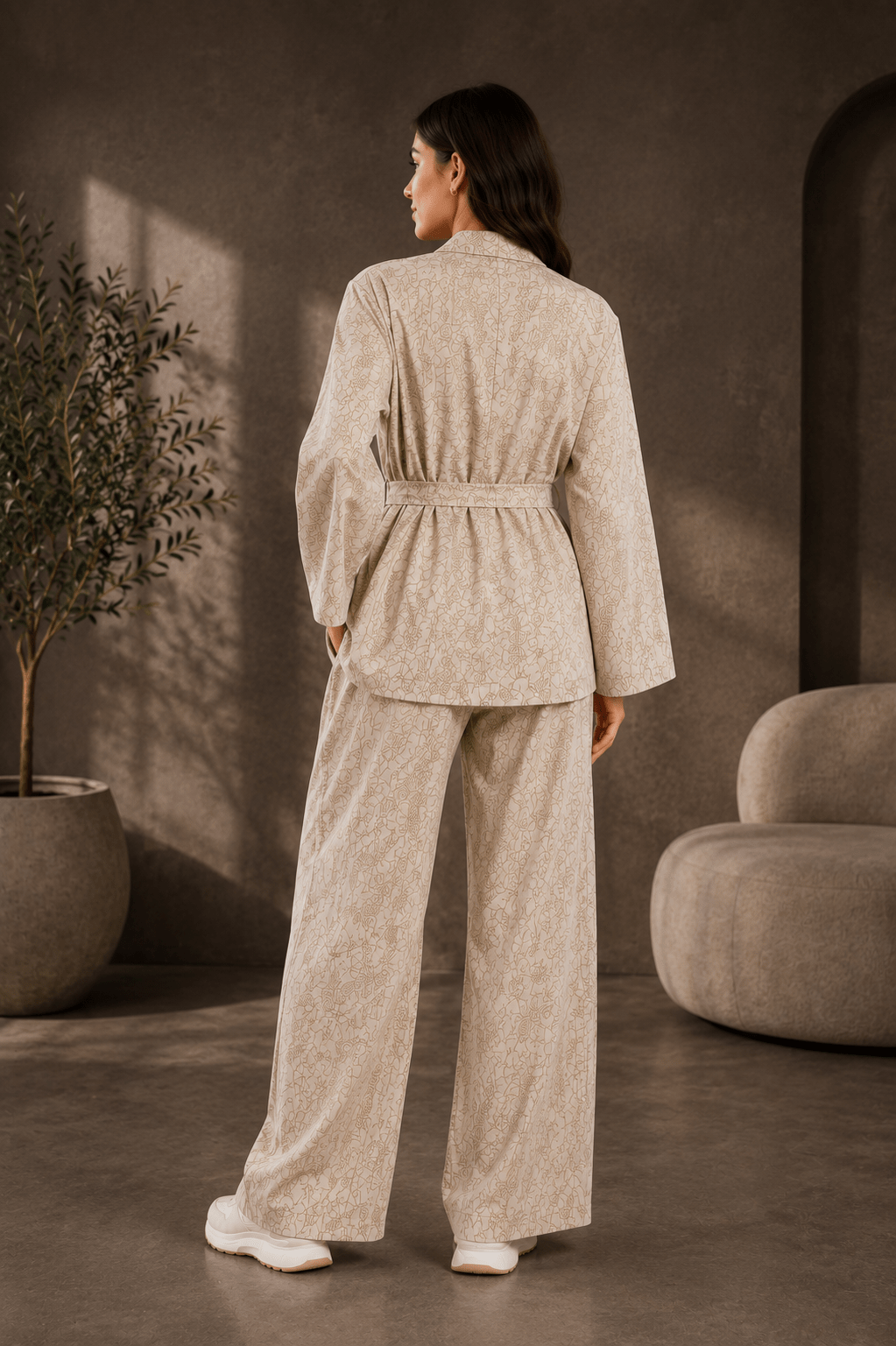 Women's Patterned Wide Leg Suit - Red Cotton
