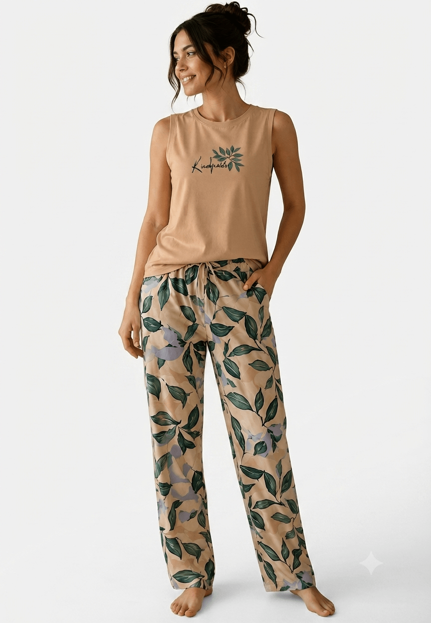 Women's Printed Sleeveless Summer Pajama Pants Set - Red Cotton