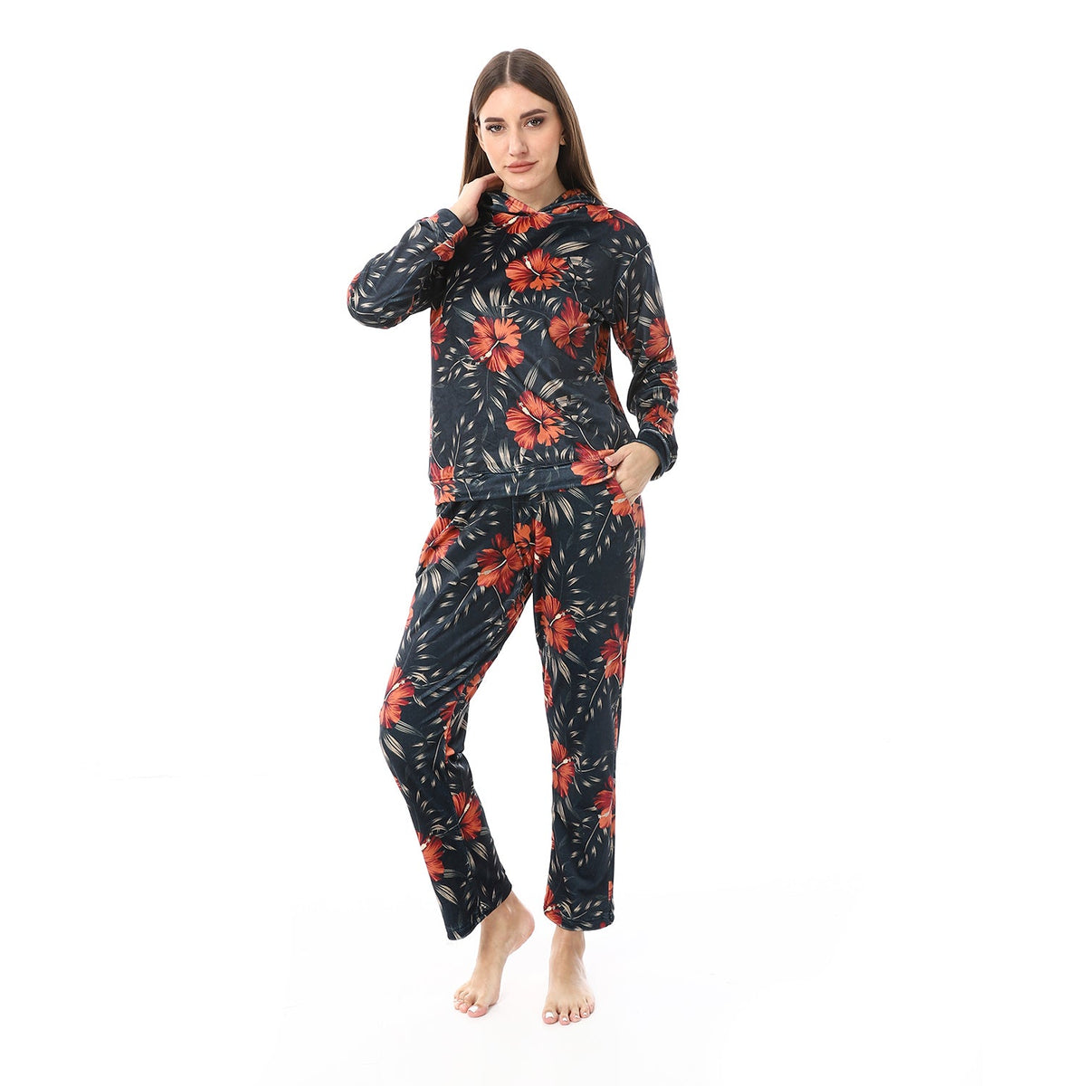 Women's Printed Velvet Pajamas - Dark Green - Red Cotton