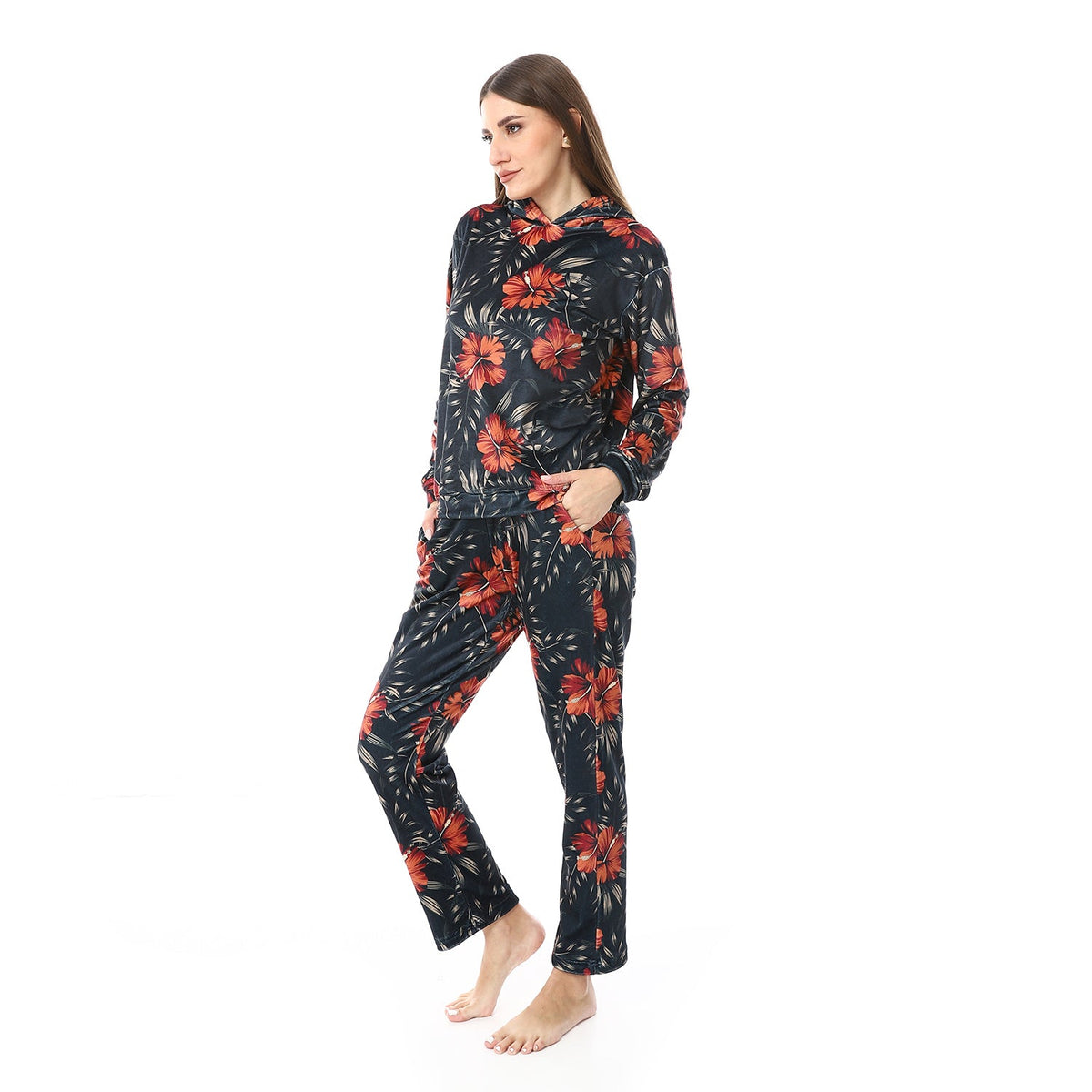 Women's Printed Velvet Pajamas - Dark Green - Red Cotton
