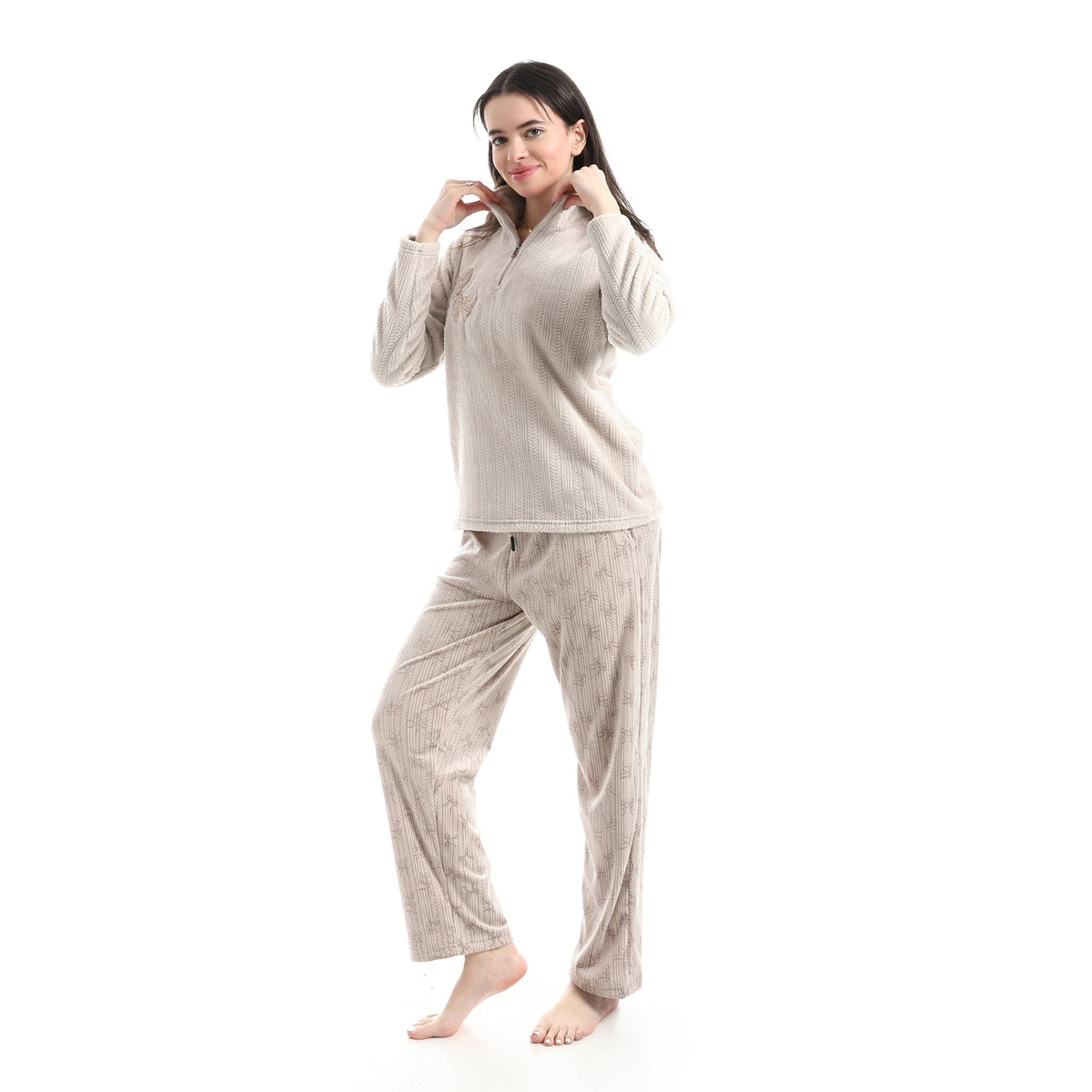 Women's Ribbed Velvet Pajama Set – High-Neck Embroidered Lounge Set - Red Cotton