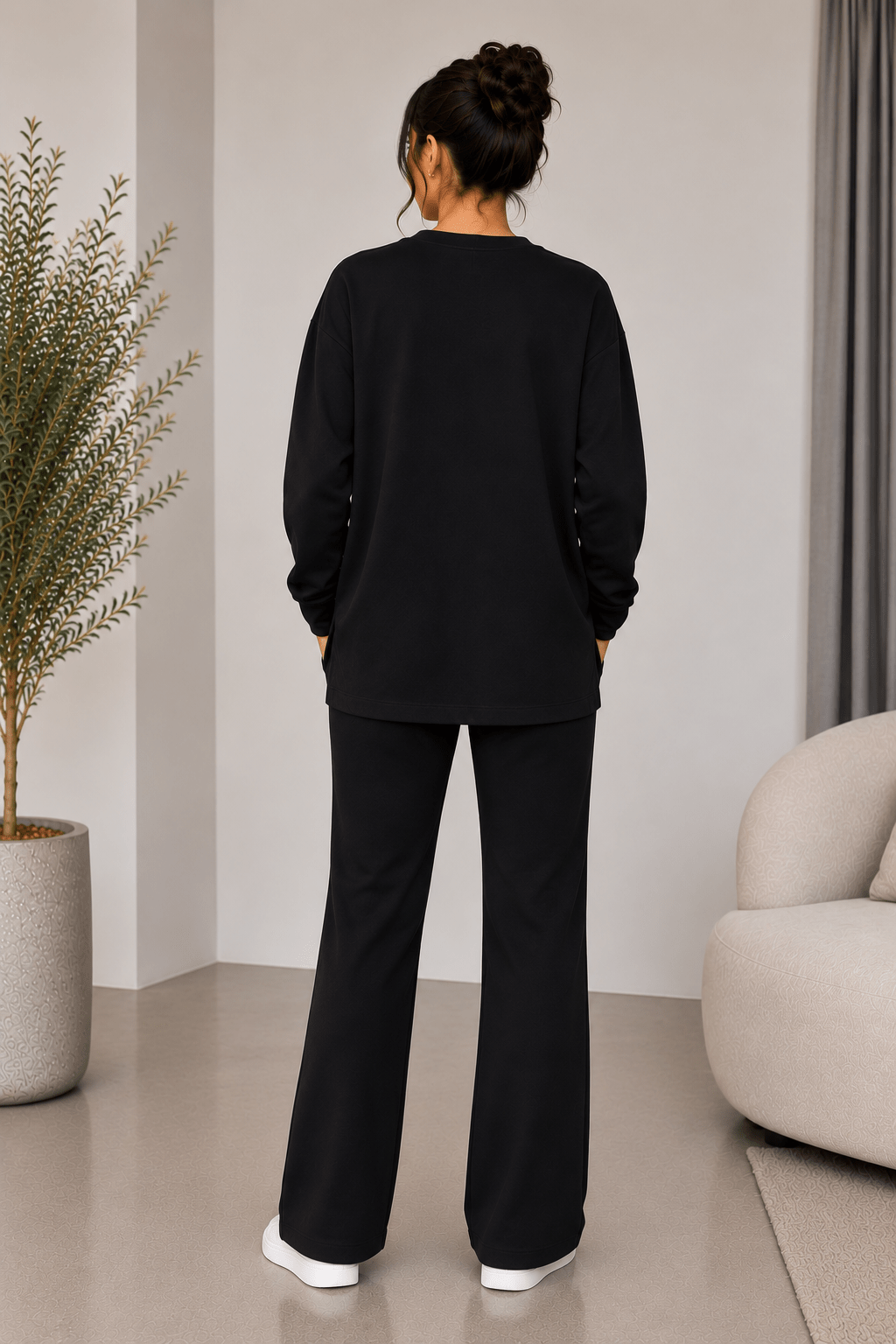 Women's round-neck embroidered suit with trousers - Red Cotton