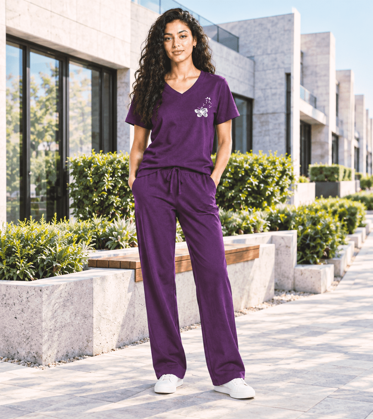 Women's Short-Sleeve Pajama Set with Pants - Red Cotton