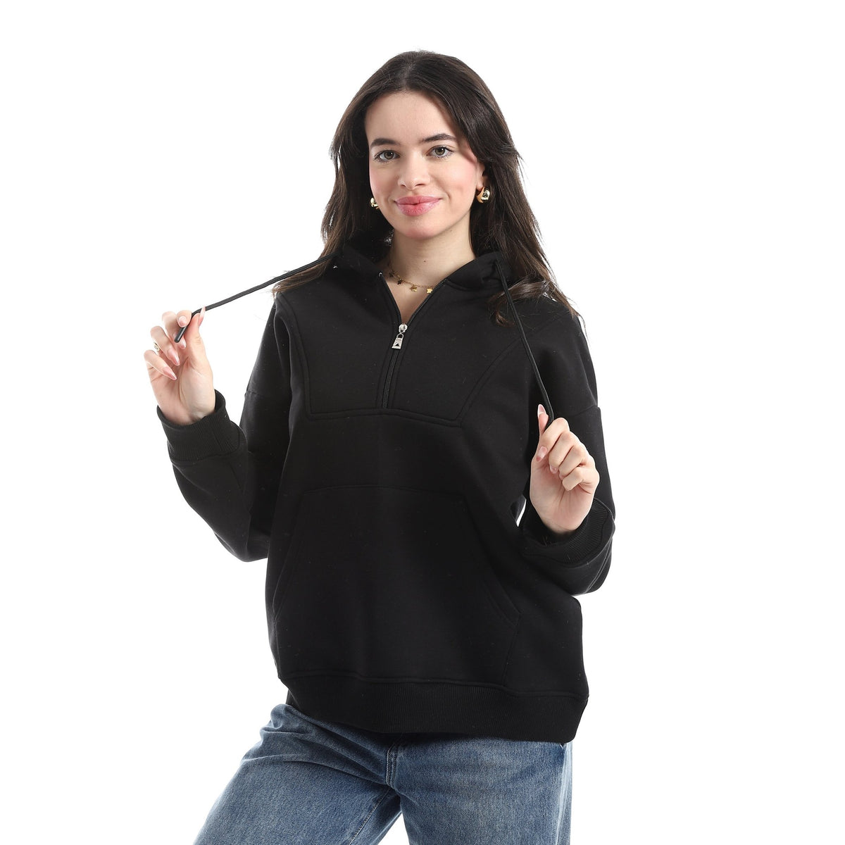 Women's Standard Fit Half Zippered Sweatshirt - Red Cotton