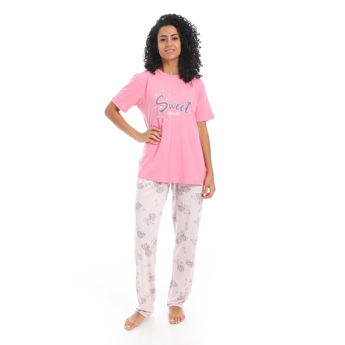 Women's Summer Pajama - Floral Pants - Rose - Red Cotton
