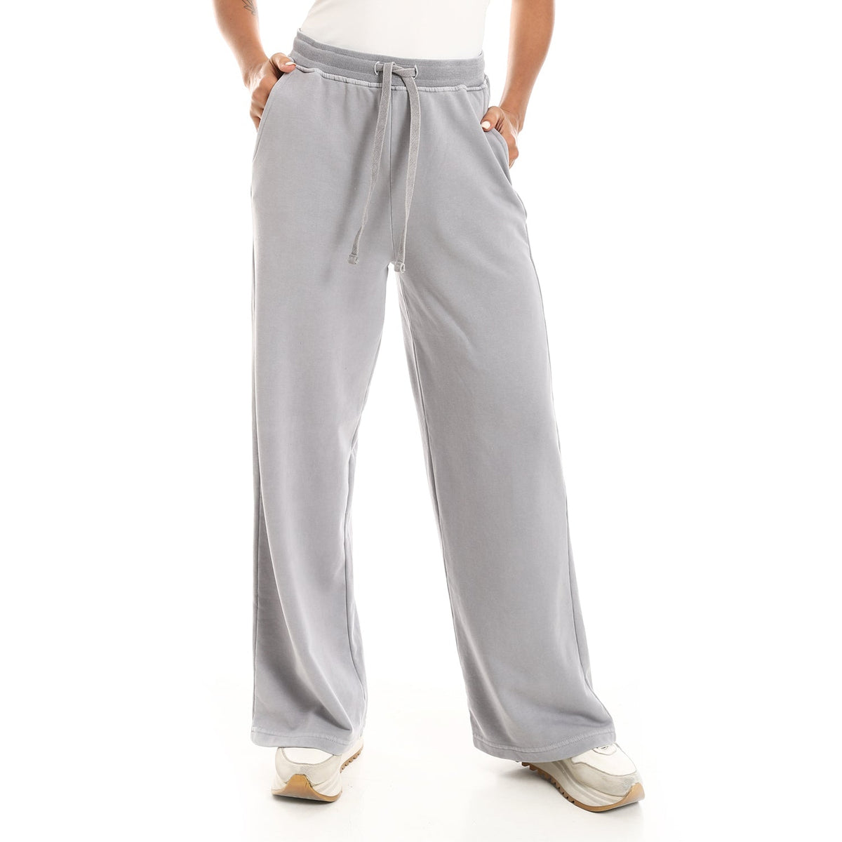 Women's Summer Wide Leg Trousers - Grey - Red Cotton