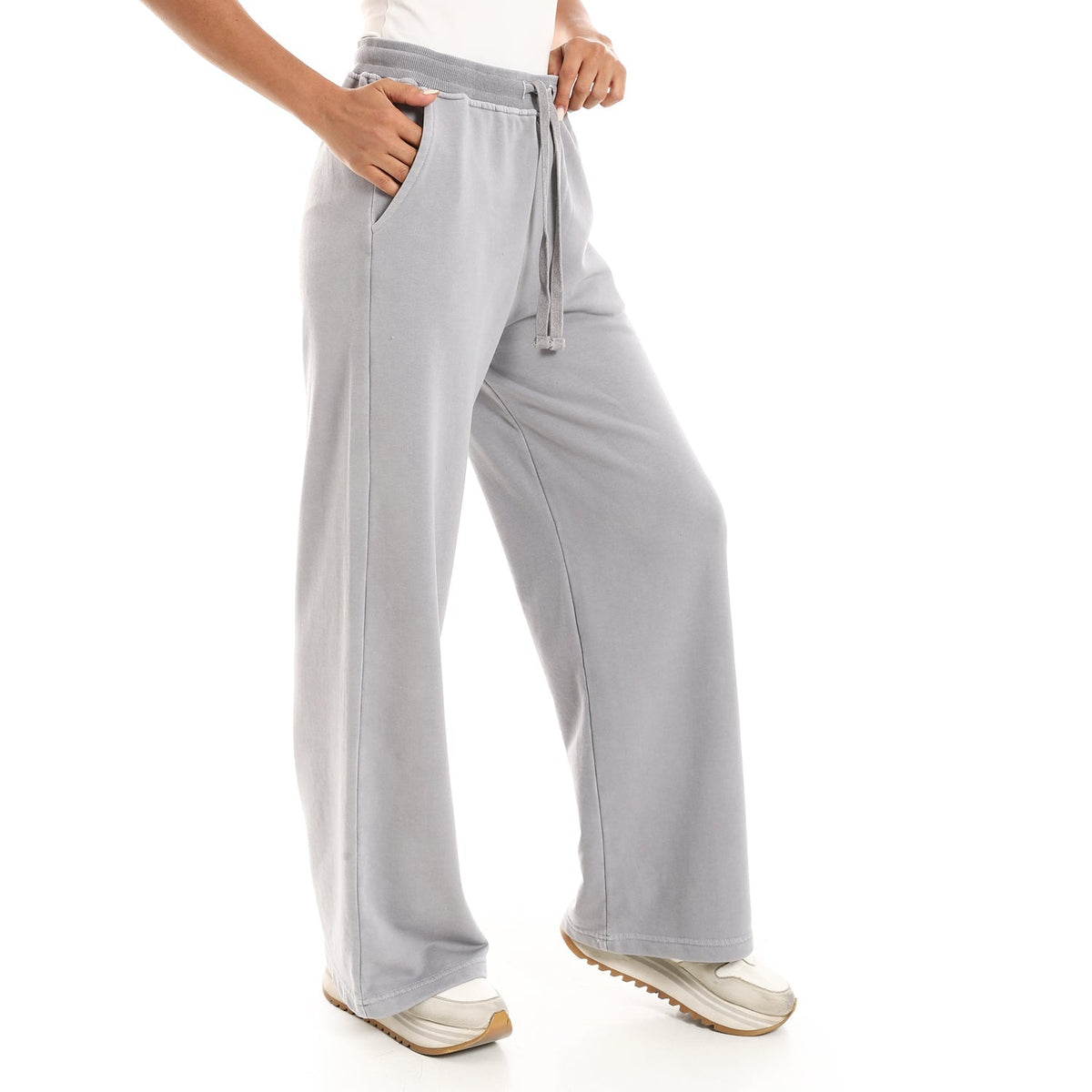 Women's Summer Wide Leg Trousers - Grey - Red Cotton
