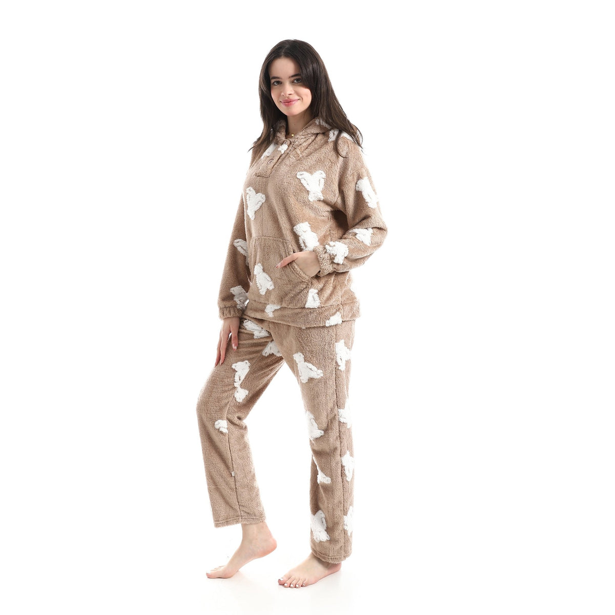 Women’s Ultra-Soft Plush Hoodie Pajama Set – Cozy Bear Print Loungewear - Red Cotton