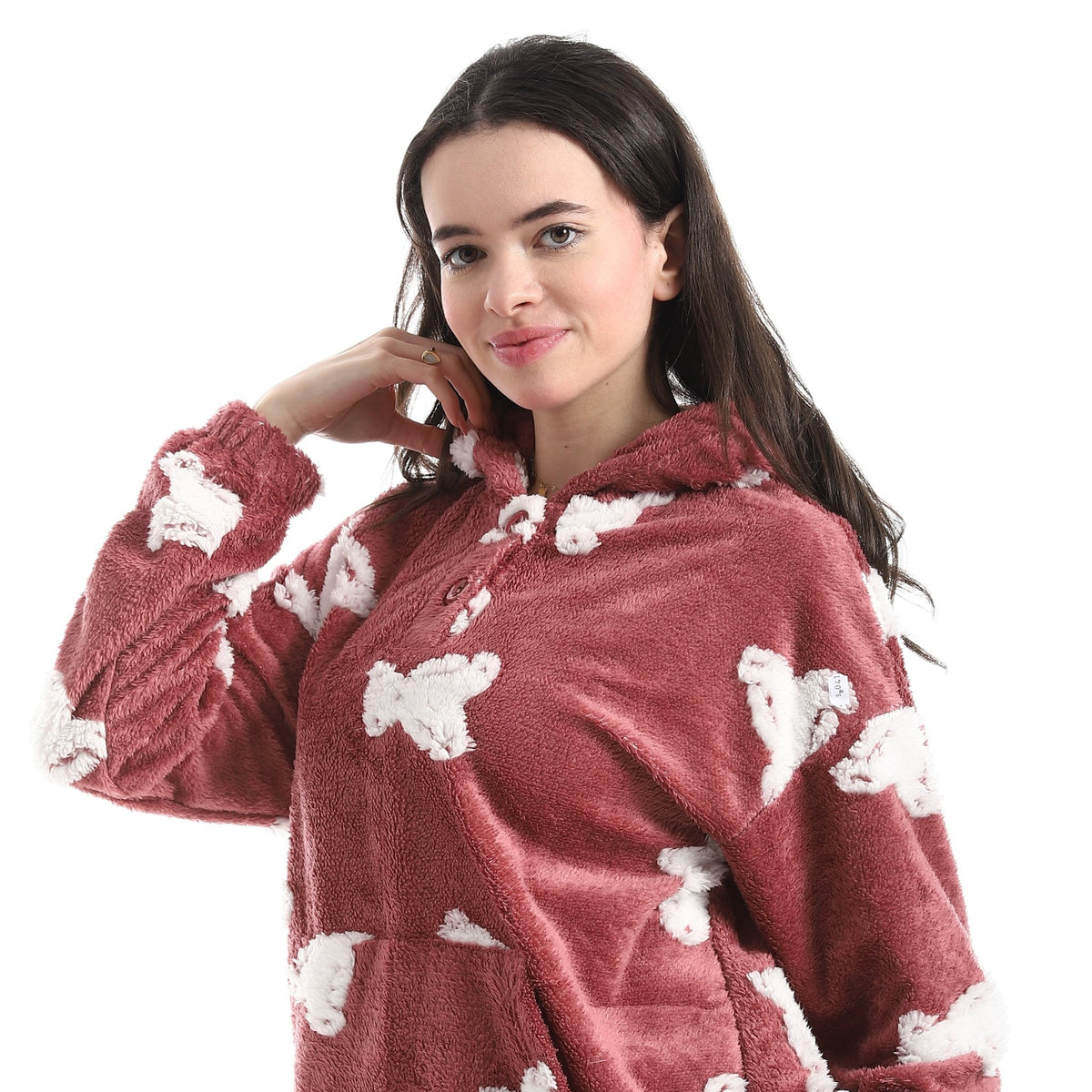 Women’s Ultra-Soft Plush Hoodie Pajama Set – Cozy Bear Print Loungewear - Red Cotton