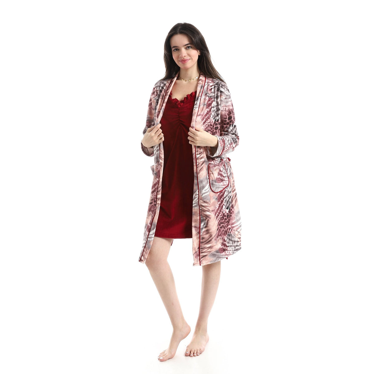 Women's Velvet Nightgown & Printed Robe Set - Red Cotton