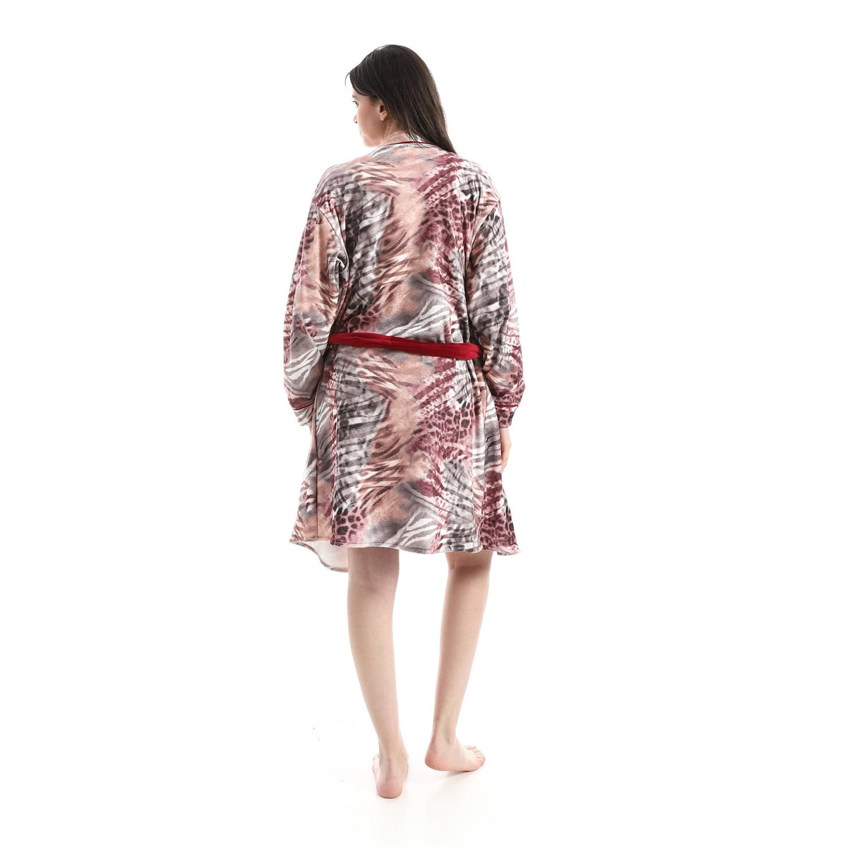 Women's Velvet Nightgown & Printed Robe Set - Red Cotton