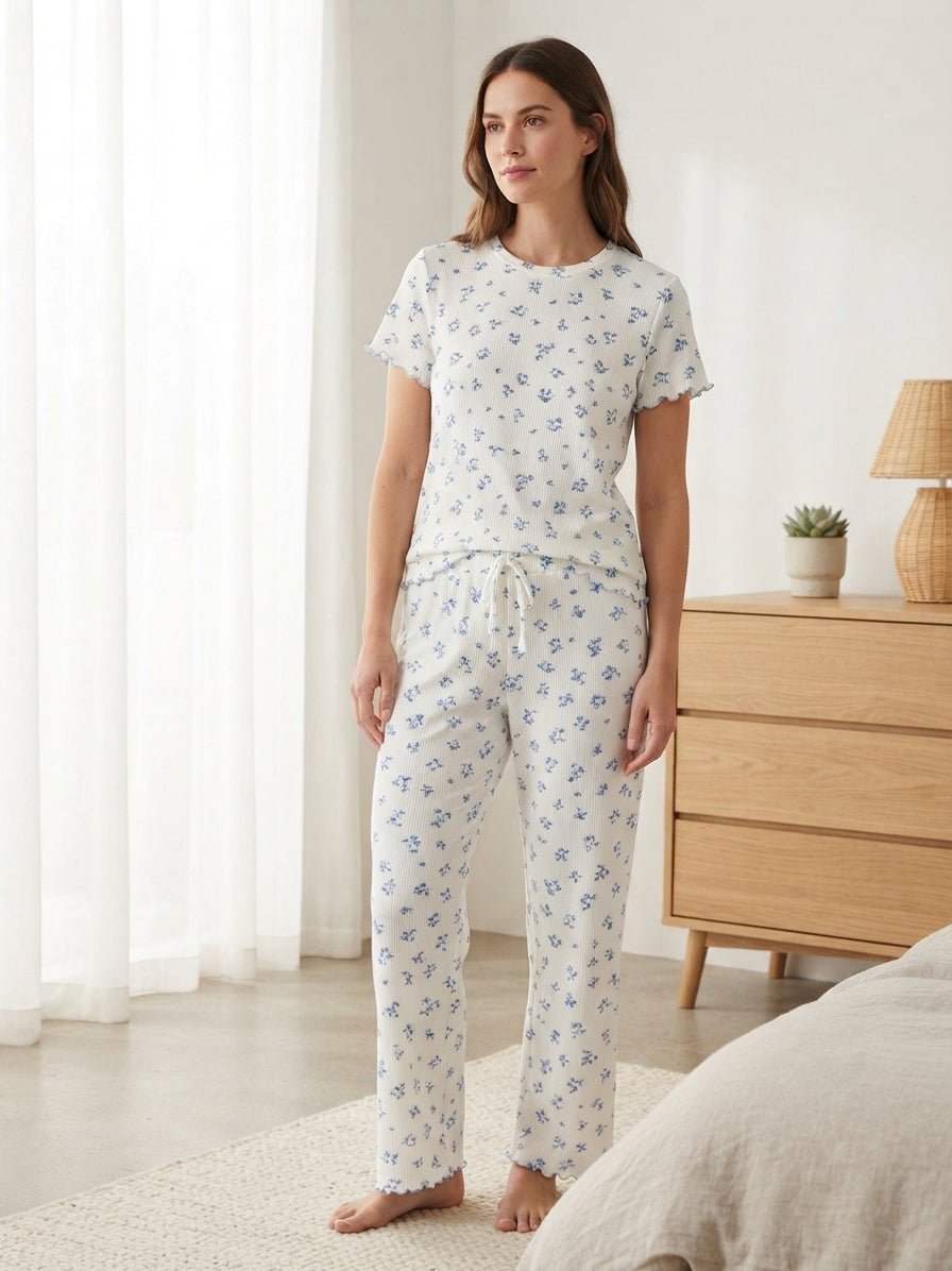 Women’s White & Baby Blue Pajama Set with Pants - Red Cotton