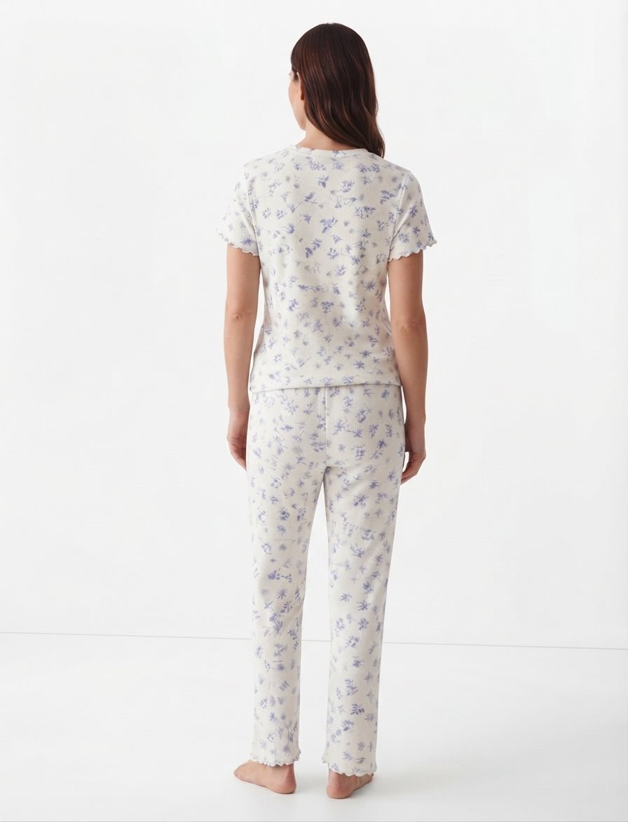 Women’s White & Baby Blue Pajama Set with Pants - Red Cotton