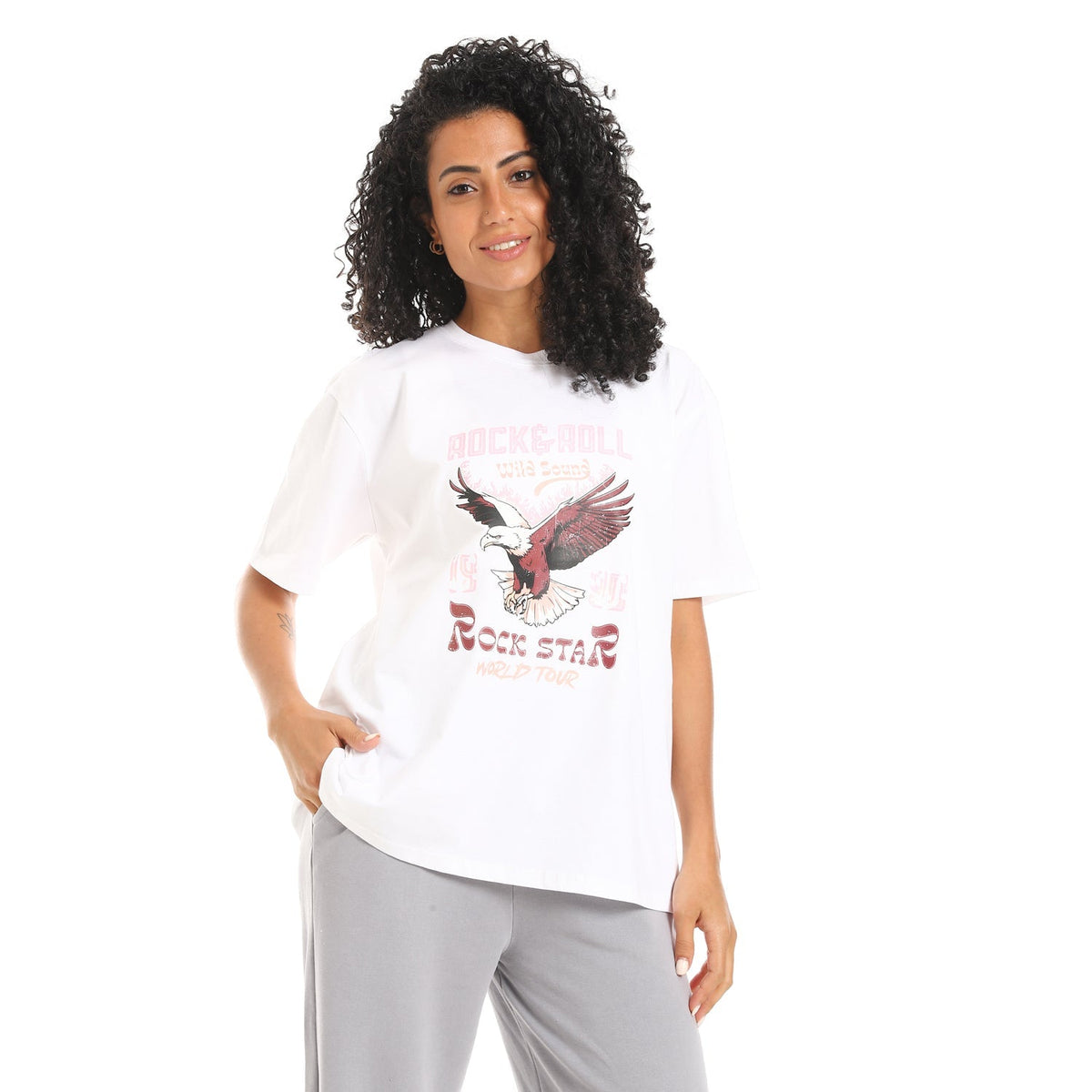 Women's White "Rock Star" Graphic T-shirt - Red Cotton