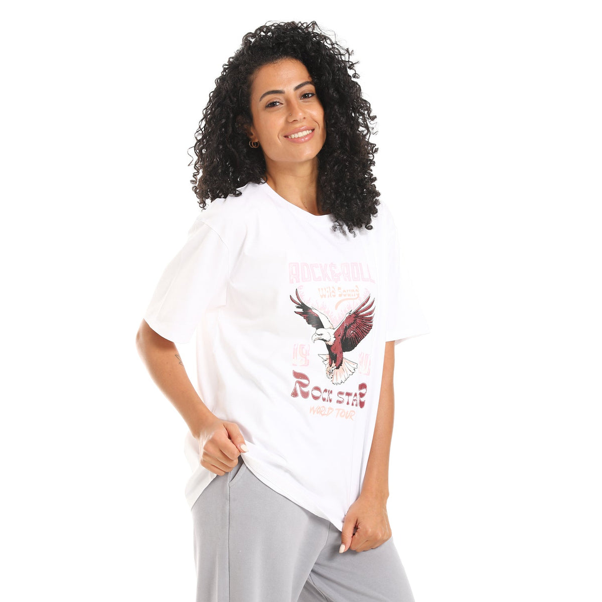Women's White "Rock Star" Graphic T-shirt - Red Cotton