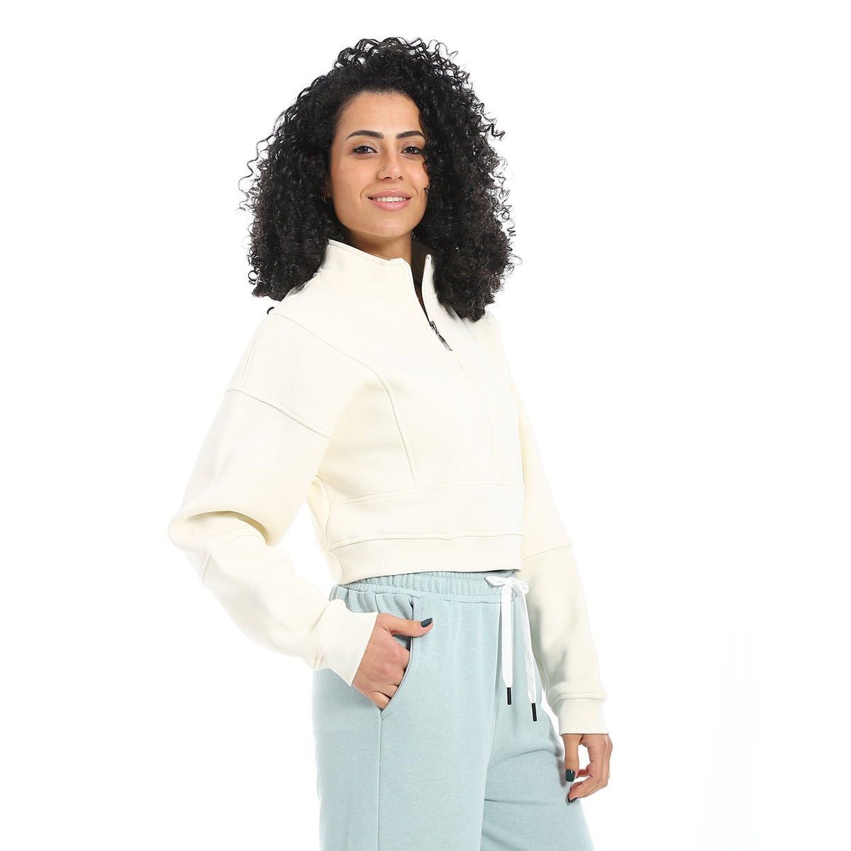 Women's Winter Quarter Zipper Sweatshirt - Off White - Red Cotton