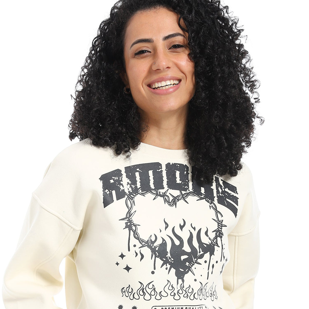 Women's Winter Sweatshirt With Printed - Off White - Red Cotton