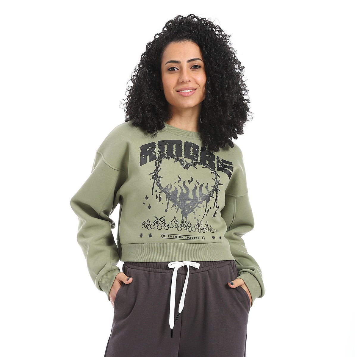 Women's Winter Sweatshirt With Printed - Olive - Red Cotton