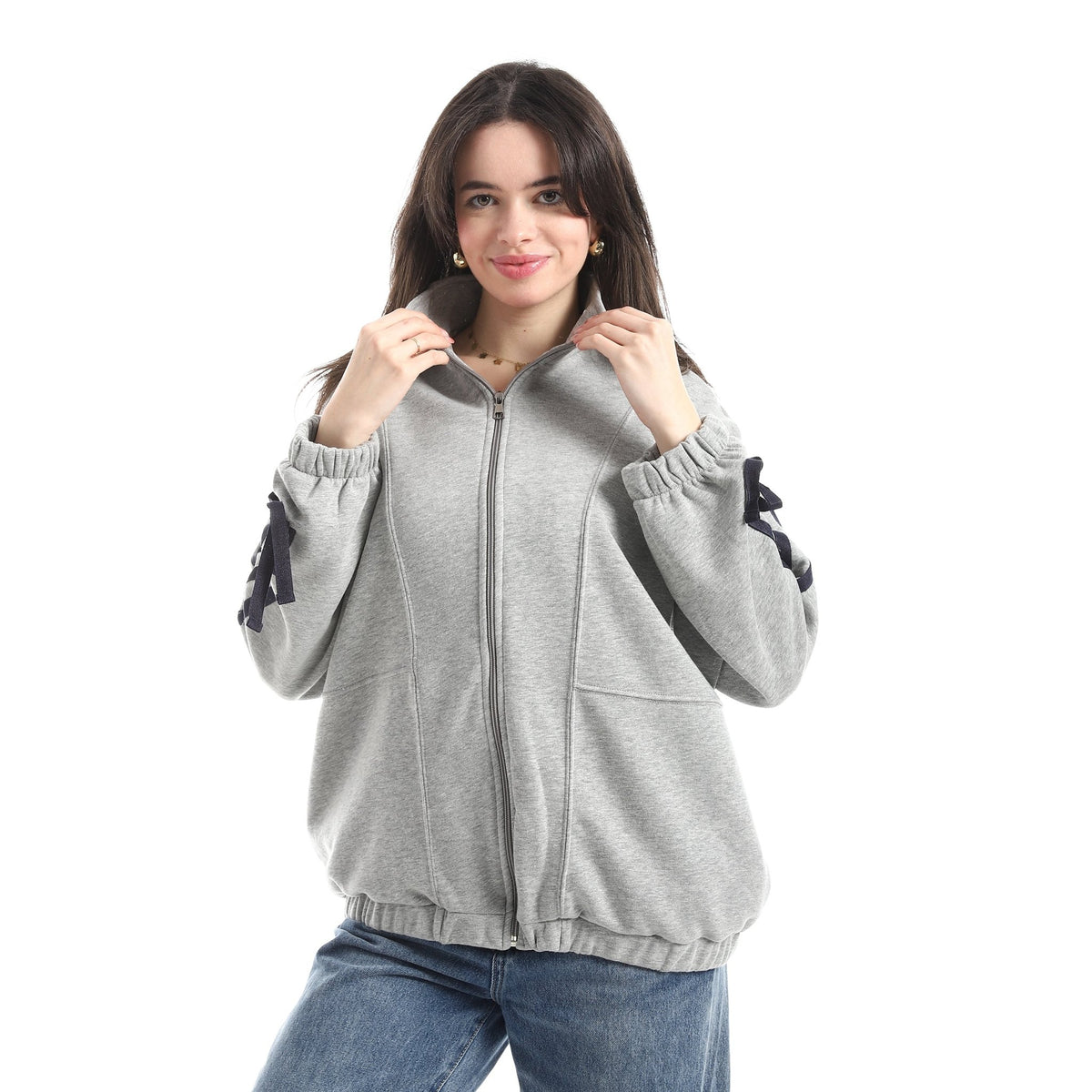 Women's Zip-Up Jacket with Ribbon Sleeve Detail - Red Cotton
