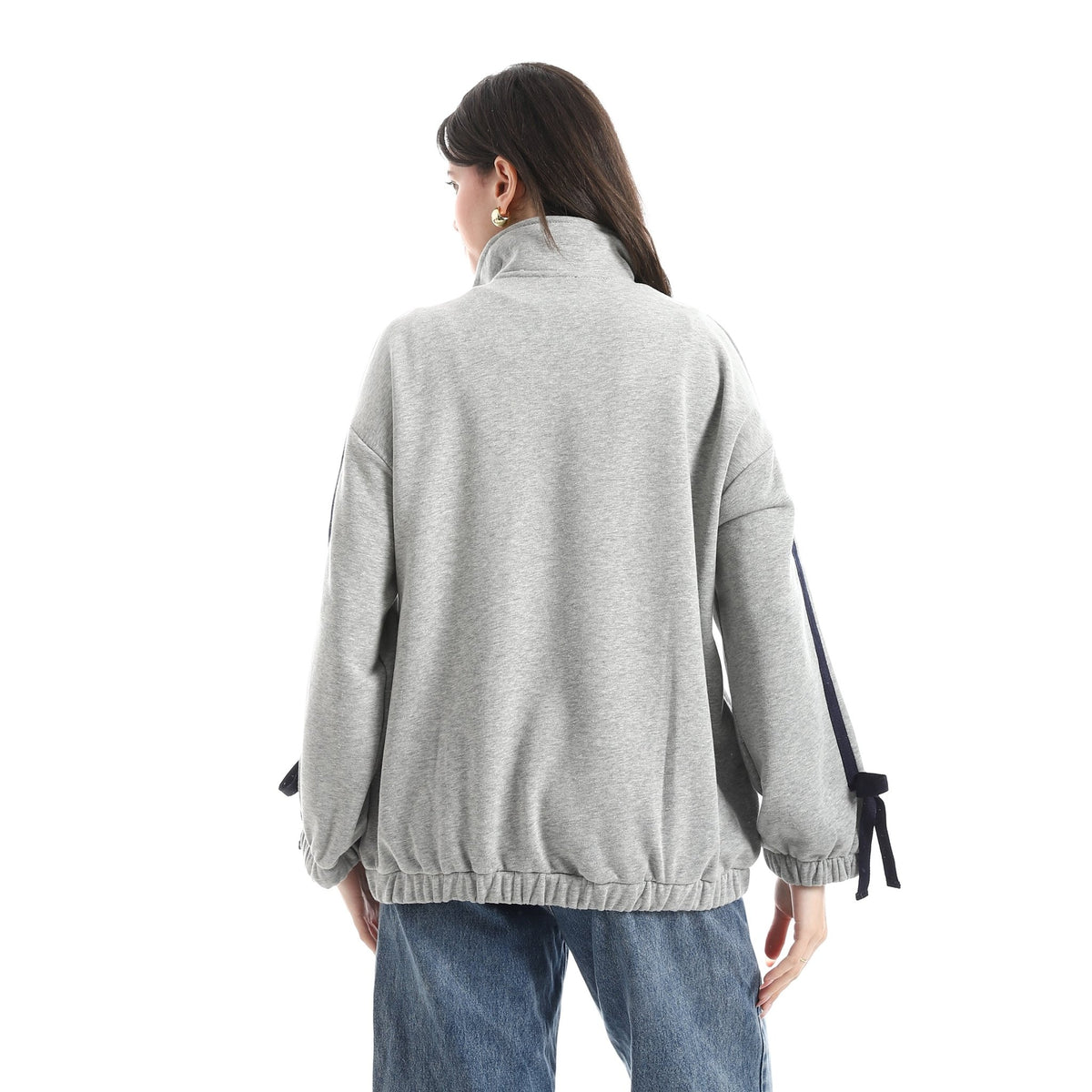 Women's Zip-Up Jacket with Ribbon Sleeve Detail - Red Cotton
