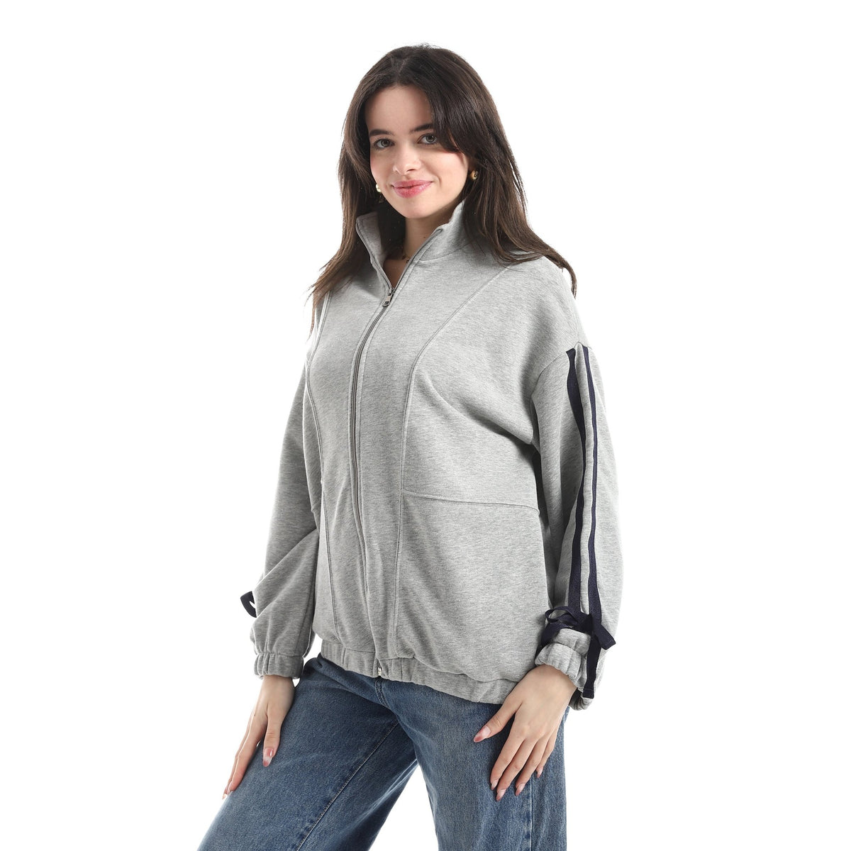 Women's Zip-Up Jacket with Ribbon Sleeve Detail - Red Cotton